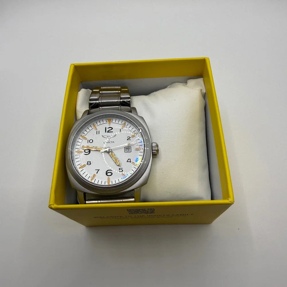Invicta 69632 Mens Aviator White Dial Stainless Steel Bracelet Watch New